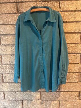 Eileen Fisher Womens Teal Button-Up Shirt Long Sleeve Lightweight Size L Made Of